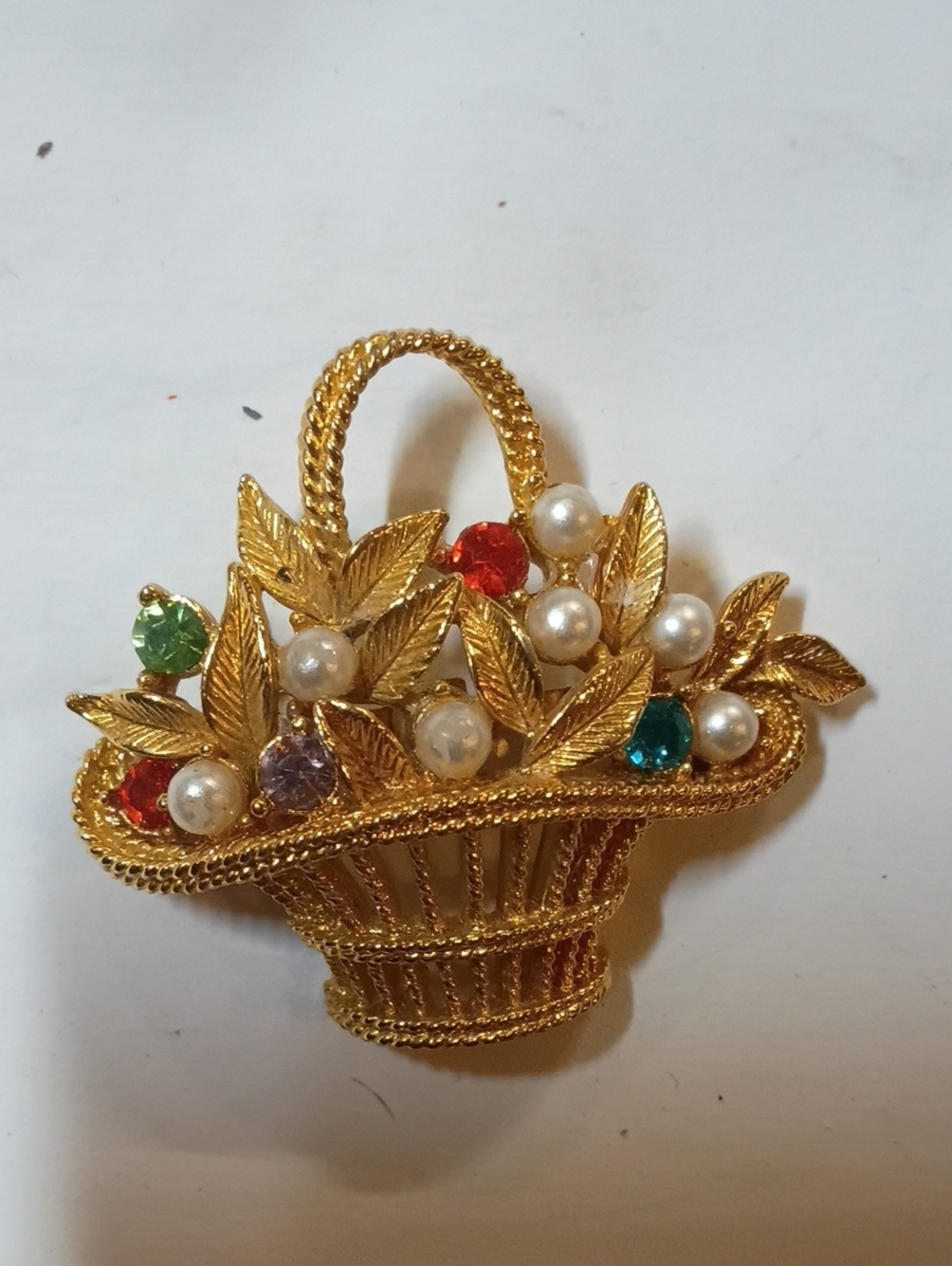 Gold Basket Floral Brooch with Pearls and Multicolor Stones